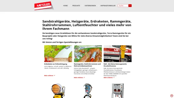 Website Screenshot: Metzler GmbH Lauterach, Erdraketen und Rammgeräte, Rohrsplitt-Systeme, Rakl, kleine Druckluftrammen, Sandstrahl-Geräte, -Kabinen, - Metzler - Date: 2023-06-23 12:07:04