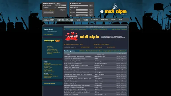 Website Screenshot: MIDI-ALPIN music GmbH - Midi Alpin Files im GM und XF und Tyros Format,Einfache Tonarten, Audio Playbacks - Date: 2023-06-23 12:07:10