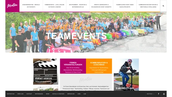 Website Screenshot: Montée Events & Teambuilding
Veranstaltungen, Betriebsausflug, Incentive, Adventure Touren und Offroad Event - Firmenevent | Online Teambuilding | Incentive | Teamevent | Outdoor | Montee - Date: 2023-06-23 12:07:21