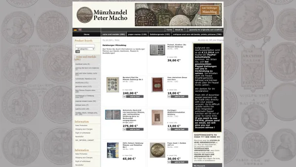 Website Screenshot: MÜNZENHANDEL Mag. Peter Macho, 
Josef Geiger GmbH&CoKG - Münzversand Peter Macho | Salzburger Münzen und Salisburgensien - Date: 2023-06-15 16:02:34