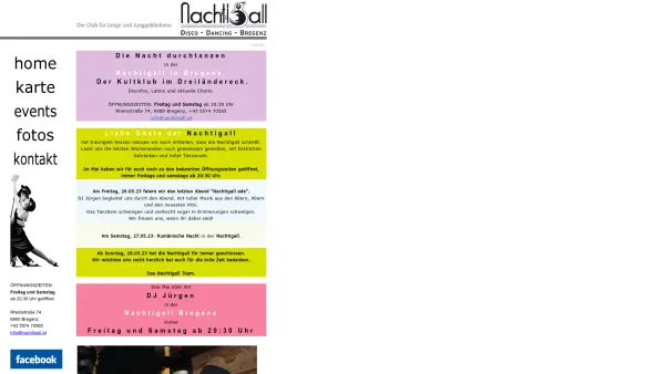 Website Screenshot: Tanzbar und Restaurant Nachtigall Bregenz - Tanzbar Nachtigall Bregenz - Freitag und Samstag oder vor Feiertagen ab 20:30 Uhr geöffnet - Date: 2023-06-23 12:07:41