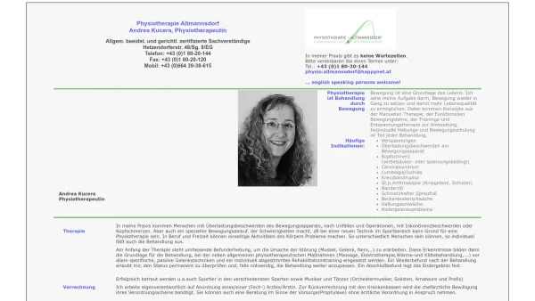 Website Screenshot: PHYSIOTHERAPIE Physiotherapeutin A.Kucera Wien-Österreich - PHYSIOTHERAPIE, Physiotherapeutin, A.Kucera, Wien-Österreich - Date: 2023-06-23 12:07:44