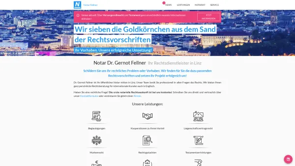 Website Screenshot: Notariat Dr. Fellner - Notar Fellner Linz. Wir sieben die Goldkörnchen aus dem Sand der Rechtsvorschriften! - Date: 2023-06-15 16:02:34
