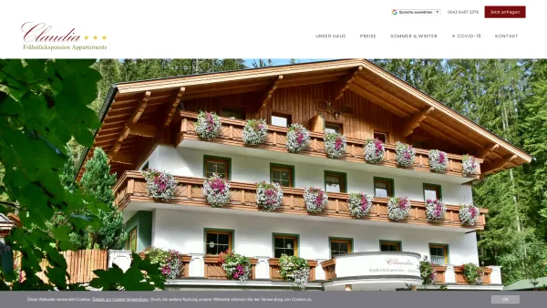 Website Screenshot: Frühstückspension & Appartements Claudia - Urlaub im Salzburger Land, Pension Claudia Flachau - Date: 2023-06-23 12:08:49