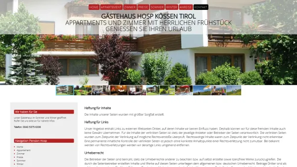 Website Screenshot: Fremdenzimmer Appartement Pension Hosp Kössen Tirol - Kössen Kaiserwinkl Appartement, Zimmer mit Frühstück Hosp - Date: 2023-06-15 16:02:34