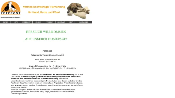 Website Screenshot: PETFROST Artgerechte Tierernährung Unbenanntes Dokument - Tiernahrung, Hundefutter, Kopffleisch, Dibo, Barf, Kutteln, Happy Dog - Date: 2023-06-23 12:08:55
