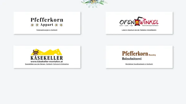 Website Screenshot: +++ www.pfefferkorn.cc ++ appart ++ schnitzerstöbli ++ veteranenrallye ++ - Hansjörg Pfefferkorn Appartments, Holzschnitzerei, Käsekeller, Ofenwinkel - Date: 2023-06-26 10:18:43