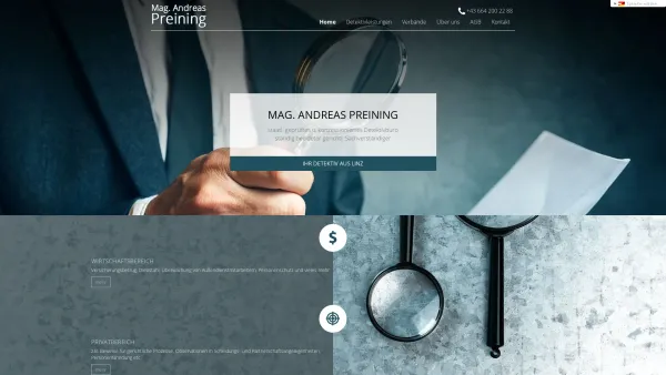 Website Screenshot: Detektiv Preining Linz Austria Detektive Österreich - Mag. A. Preining - Berufsdetektiv in Linz, Oberösterreich - Date: 2023-06-15 16:02:34