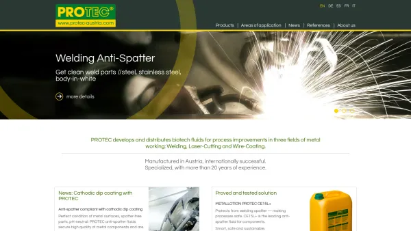 Website Screenshot: The company PROTEC Ing. H. Hoffmann GmbH is producer of biological products for welding applications in the metal industry. The pr - Sustainable welding chemicals | Protec Austria - Date: 2023-06-26 10:19:24