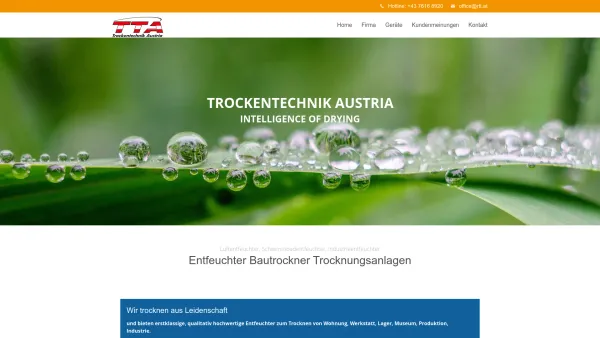 Website Screenshot: TTA-Trockentechnik-Austria - Entfeuchter als Bautrockner für die Bautrocknung - Luftentfeuchter Bautrockner und Trocknungsgeräte von TTA - Date: 2023-06-26 10:20:23