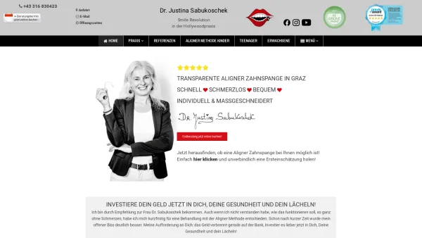 Website Screenshot: Dr. Justina Sabukoschek - Die unsichtbare Zahnspange in Graz - Dr. Justina Sabukoschek - Date: 2023-06-26 10:20:29