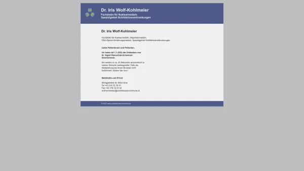 Website Screenshot: Dr. Ramschak-Schwarzer Fachaerztfuer Innere Medizin - Dr. Iris Wolf-Kohlmeier, Fachärztin für Nuklearmedizin, Allgemeinmedizin, Spezialgebiet Schilddrüsenerkrankungen, Graz, Steiermark, Österreich - Date: 2023-06-26 10:20:50