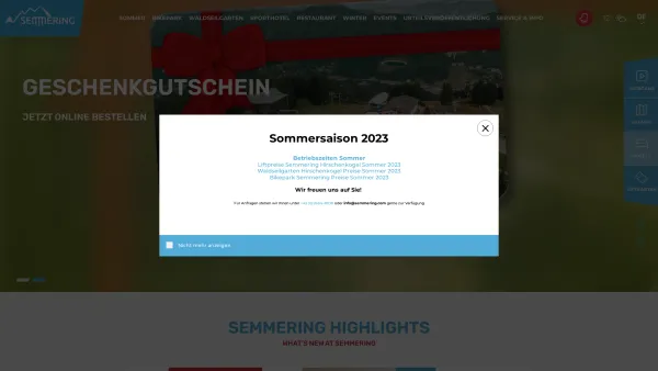Website Screenshot: Tourismusbüro Semmering Niederösterreich Süd Ski Kur Urlaub Wien Wandern - Willkommen am Semmering - Date: 2023-06-14 10:45:09