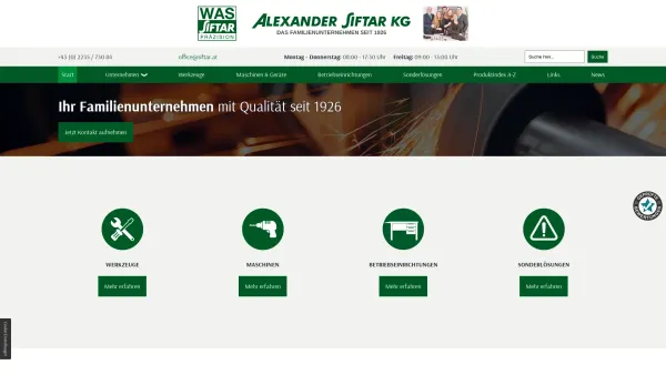 Website Screenshot: ALEXANDER SIFTAR KG - Ausrüstungen für Maschinen, Präzisionswerkzeuge und Maschinen, Betriebseinrichtungen - Werkzeuge kaufen in Leopoldsdorf | Alexander Siftar KG - Date: 2023-06-26 10:21:31