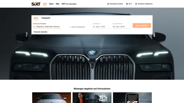 Website Screenshot: Sixt Autovermietung - SIXT Autovermietung | Mietwagen ab 24€/Tag! Jetzt Auto mieten! - Date: 2023-06-26 10:21:35