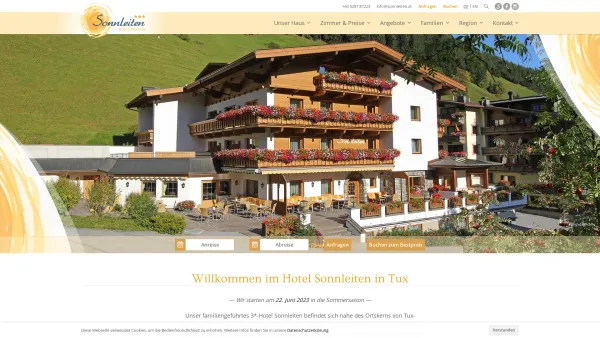 Website Screenshot: Pension Sonnleiten Lanersbach Hintertux Ihre Unterkunft für den Sommer und Winterurlaub Zillertal Tirol Österreich - Hotel Pension Sonnleiten | 3-Sterne Hotel in Tux im Zillertal - Date: 2023-06-26 10:21:51