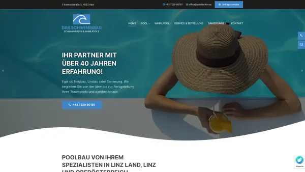 Website Screenshot: Das Schwimmbad
Spielbichler-Hölbling GmbH - Poolbau aus Linz-Land in OÖ - Das Schwimmbad - Schwimmbäder & Whirlpools - Date: 2023-06-15 16:02:34