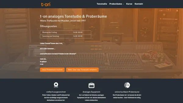 Website Screenshot: t-on, Cebul e.U. Tonstudio, Proberäume, Kurse - t-on | Analoges Tonstudio & Proberäume in Wien - Date: 2023-06-15 16:02:34