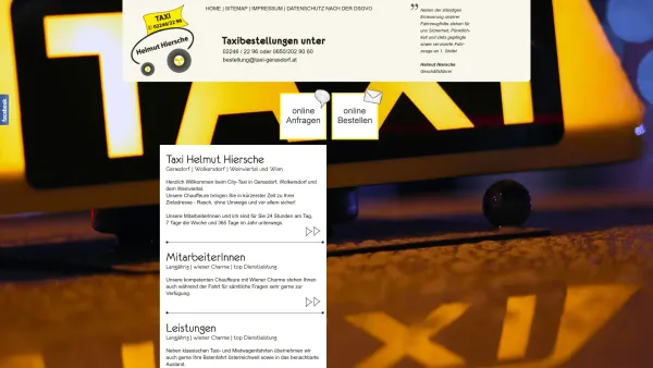 Website Screenshot: Taxi und Mietwagen Helmut Hiersche - Taxi Gerasdorf und Wolkersdorf im Weinviertel - dem ISTMobil Kilometer voraus - Date: 2023-06-26 10:22:56