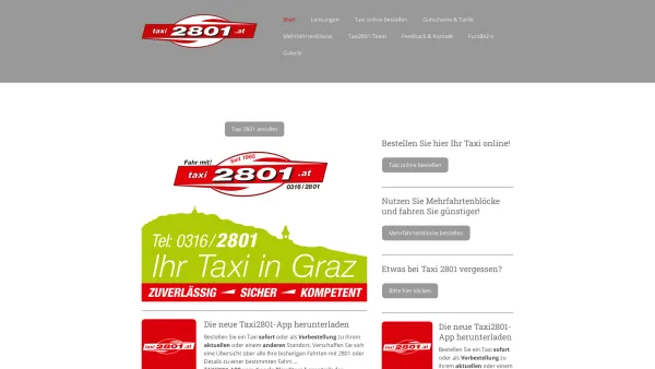 Website Screenshot: Site der Grazer Taxigenossenschaft 2801. Alles rund ums Taxi in Graz Taxitarif Taxi-FAQ Datenfunk Taxiflotte - Ihr Taxi in Graz - TAXI 2801 - Date: 2023-06-26 10:22:56