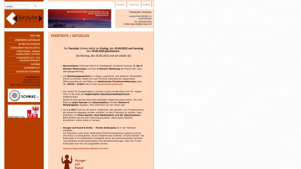 Website Screenshot: Jugendstreetwork Verein f Sozialprojekte in teestube.at - TEESTUBE SCHWAZ - Startseite / Aktuelles - Date: 2023-06-26 10:23:02