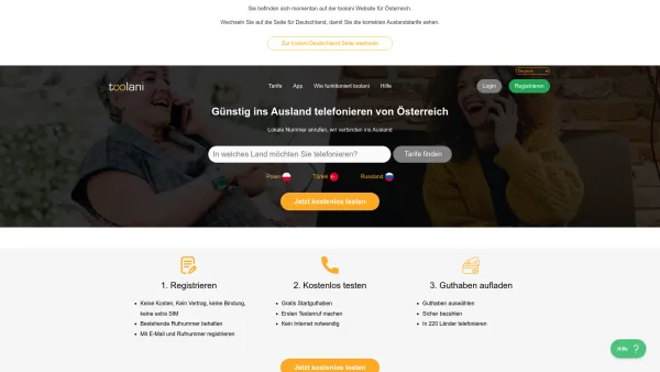 Website Screenshot: Toolani GmbH - Günstig ins Ausland telefonieren von Österreich - Date: 2023-06-15 16:02:34