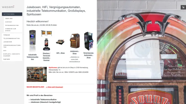 Website Screenshot: Wasami GmbH - wasami jukeboxen musikboxen industrielle Telekommunikation röhrenverstärker lautsprecher verstärker österreich - Wasami Audio, Jukeboxen, Telekommunikation und Arcade in Korneuburg - Date: 2023-06-26 10:24:34