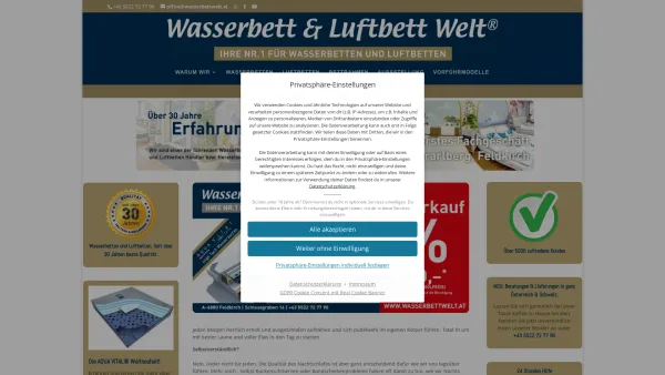 Website Screenshot: Wasserbett & Luftbett Welt Kompetenz-Zentrale Vorarlberg, Österreich. - Wasserbetten-Luftbetten - Wasserbett, Luftbett Händler und Hersteller Österreich - Date: 2023-06-26 10:24:34