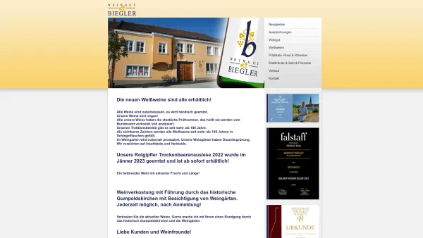 Website Screenshot: Weingut Biegler - Weine, Edelbrände und Sekt aus der Thermenregion - Weingut Biegler - Date: 2023-06-26 10:24:43