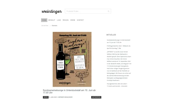 Website Screenshot: VVVEINLINGER WEINGUT WEINLINGER - WEINLINGER - Wein vom Wagram | Erlesene Weine | Natürliche Säfte | Edle Brände - Date: 2023-06-26 10:24:46