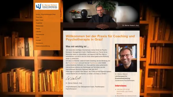 Website Screenshot: Dr. Werner Walisch, PSYCHOTHERAPIE Graz, COACHING Graz, HYPNOSE Graz - Coaching und Psychotherapie Graz - Dr. Werner Walisch - Date: 2023-06-14 10:46:16
