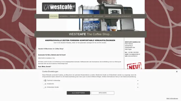 Website Screenshot: WESTCAFÉ Handels Kg Tirol Heiß und Kaltgetränke Automaten Service think hot, 2 be west. - WESTCAFE - Startseite - Date: 2023-06-26 10:24:57