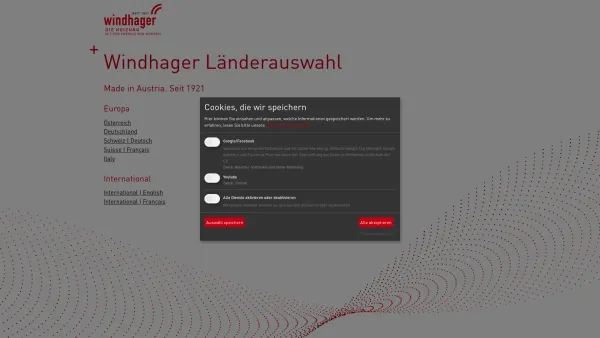 Website Screenshot: Windhager Zentralheizung Heizkessel Holzpellets Heizen - Windhager Länderauswahl - Date: 2023-06-15 16:02:34
