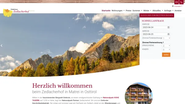Website Screenshot: Ferienwohnungen Zedlacherhof - Gästehaus Zedlacherhof von Matrei in Osttirol - Ferienwohnungen im Zedlacher Paradies - Date: 2023-06-26 10:25:33