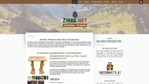Website Screenshot: Zirbe.net das Zirbenholz Verzeichnis! - Die Zirbe - Produkte im Zirben Shop! - Das Zirbenholz - Date: 2023-06-26 10:26:52